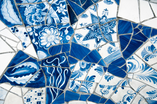 Close-up on Antique Dutch Delft Blue Mosaic Tiles