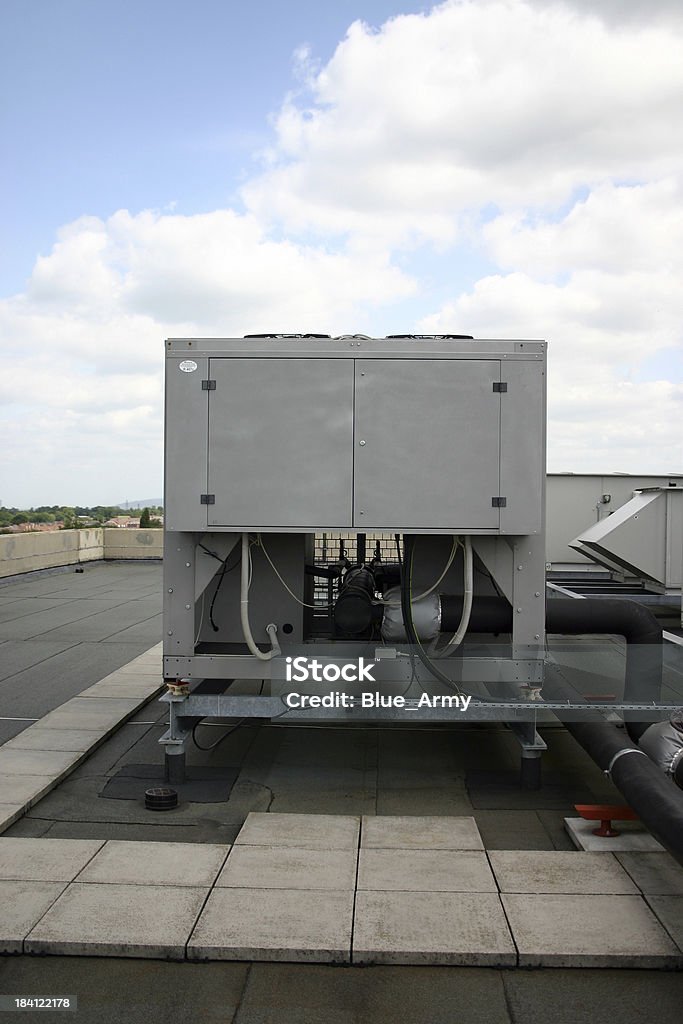Chiller A front view of a roof top water chiller Black Color Stock Photo