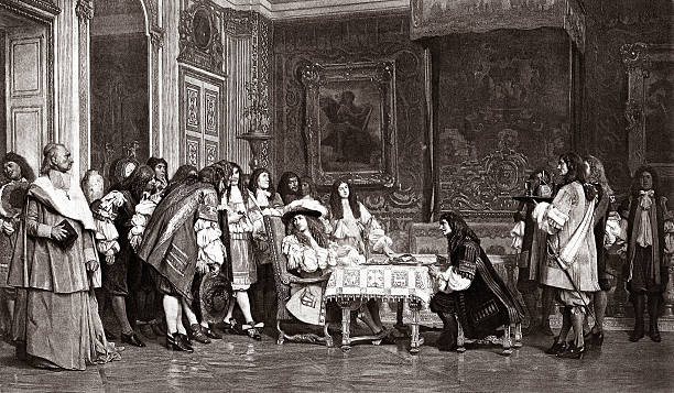 Moliere and Louis XIV "Moliere breakfasting with louis XIV at Versailles.From the original painting of Jean LAon Gerome and engraved by Goupil and Co,published by Barrie in 1880.Digital restoration by Pictore ( sepia toned)" cardinal clergy stock illustrations