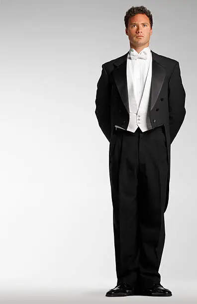 A man or a butler standing.