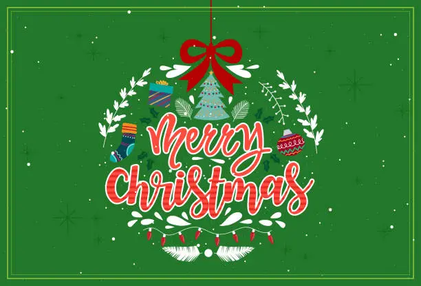 Vector illustration of Christmas banner with tree branches and decoration ornaments elements on green background.