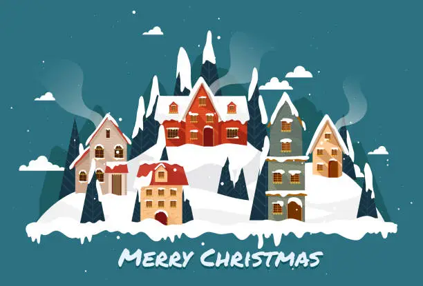 Vector illustration of The scene of a village and building in a pine grove is snowing and there is a Christmas tree.