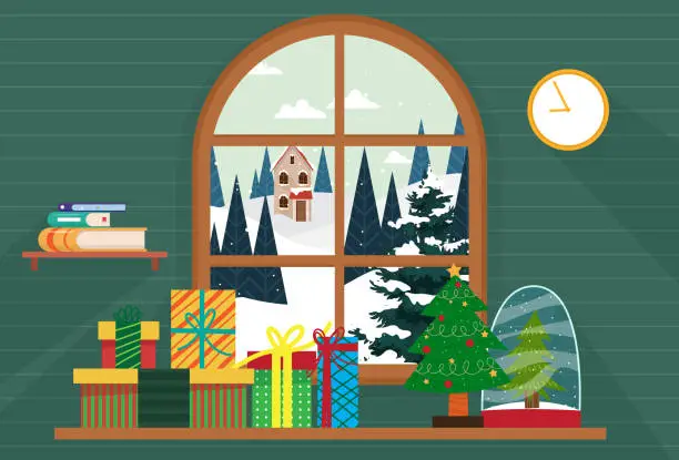 Vector illustration of Christmas tree was beautifully decorated inside the house in christmas winter season