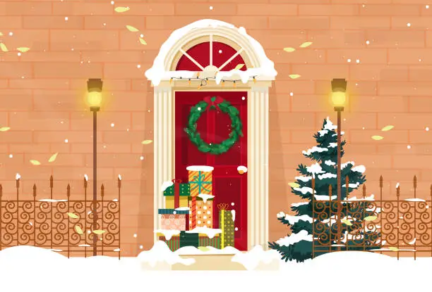 Vector illustration of Door of house winter scenery with christmas tree and giftboxs in snowfall.