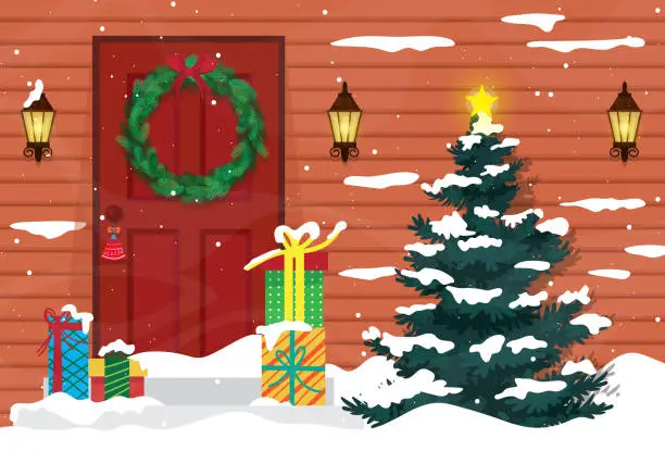 Vector illustration of Door of house winter scenery with christmas tree and giftboxs in snowfall.