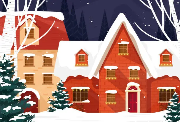 Vector illustration of Rural scene backgroud A peaceful countryside set in snow all over Christmas.