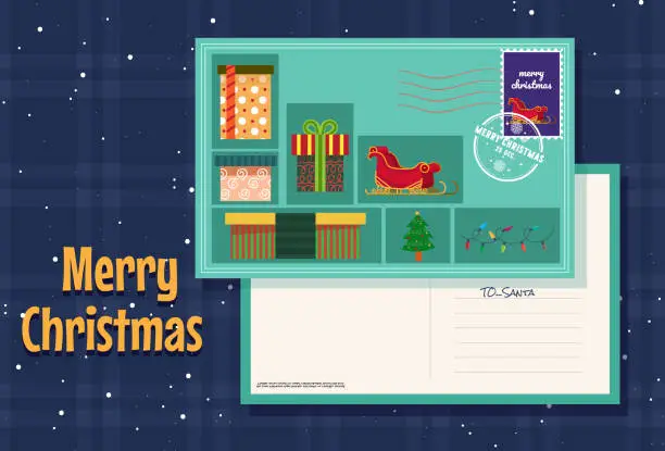 Vector illustration of Merry Christmas cards with patterned borders and decorated with images of gift boxes and Santa's sleigh