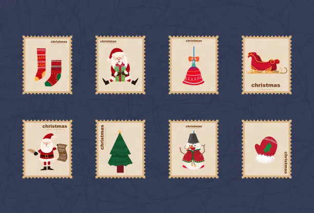 Vector illustration of Cartoon Christmas character and element on stamp postage. Merry Christmas cutout element