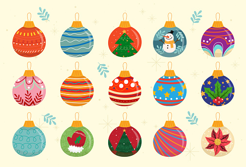 Christmas balls vector set design. Various christmas ball with patter design print isolated on yellow bright background for holiday ornament decoration. Vector illustration.