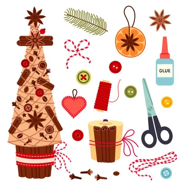 Vector illustration of Christmas tree from cinnamon sticks, coffee, buttons and star anise cartoon vector illustration, Handmade  christmas decorations made of spices, DIY. Creative christmas tree made of hands.