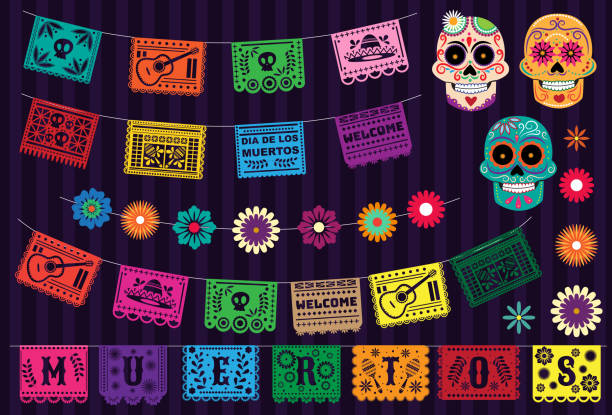 verschiedene flaggen-designelemente für day of the dead. hintergrund und scherenschnitt mexikanische papel picado flaggen. - mexico mexican culture carnival paper stock-grafiken, -clipart, -cartoons und -symbole