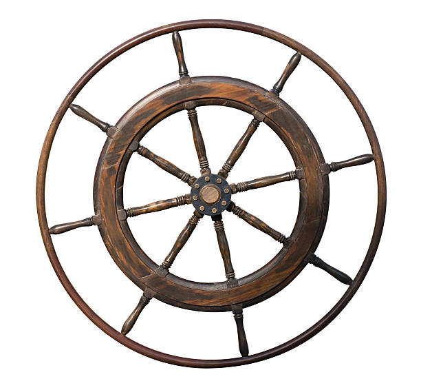 istock Vintage wooden steering wheel isolated on white 184124808
