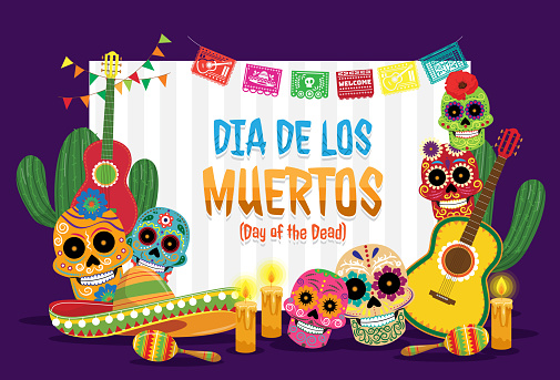 Skull poster decorated with colors and flowers for Dia de los Muertos, also known as Day of the Dead. Decorated with ornate patterns, flowers, musical instruments.