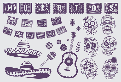 Various design elements for Day of the Dead. Dia de los muertos Refers to the traditional Mexican custom of remembering the dead. Element paper cut mexican style