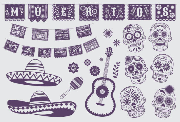 Dia de los muertos, Day of the Dead Referring to the traditional Mexican tradition Various design elements for Day of the Dead. Dia de los muertos Refers to the traditional Mexican custom of remembering the dead. Element paper cut mexican style traditional thai costume stock illustrations