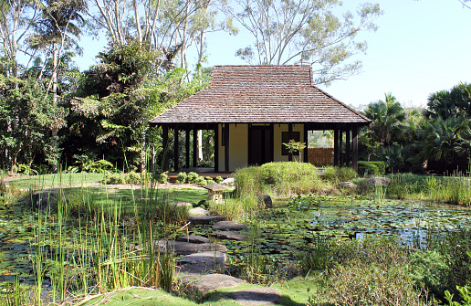 Teahouse and pond of water at the Tondoon Botanic Gardens in Gladstone, Queensland, Australia