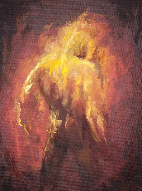 A painting of a human shape on fire.