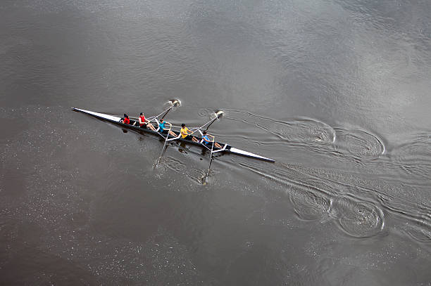 istock Aerial view of a group rowers on a lake 184128308