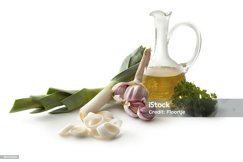 Ingredientes: Alho-poró, óleo de oliva, alho e salsinha - Foto de stock de Alho royalty-free