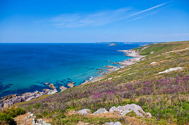 British coastline South Devon England Clear sea sun summer "Beautiful English south Devon coast with crystal clear sea near Newton Ferrers, Plymouth, UK in early summer. Viewed from the coast path looking towards the Mewstone at Wembury. Adobe RGB 1998 profile." Devon stock pictures, royalty-free photos & images