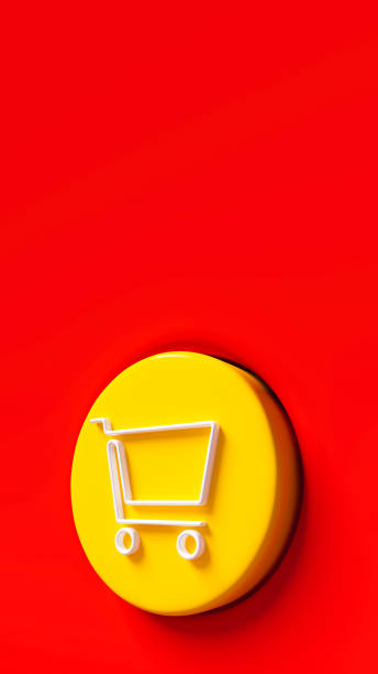 istock Red stage with shopping cart icon on yellow button, e-commerce and internet sales theme 1841322553