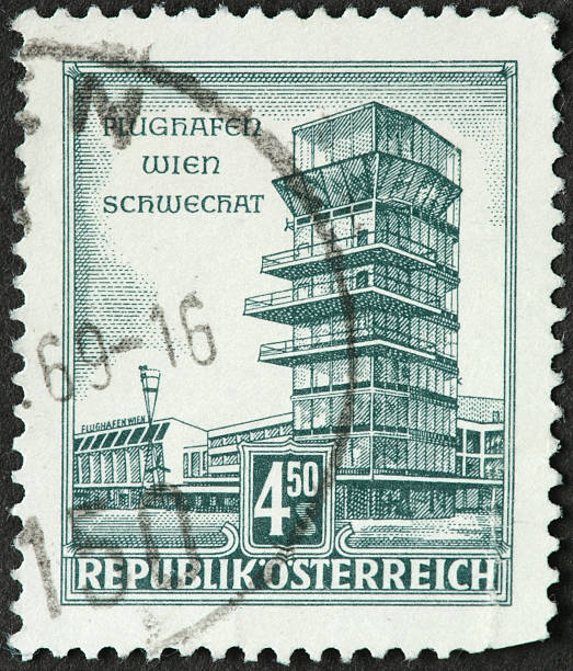 istock Vienna, Austria airport tower on an old postage stamp 184132690