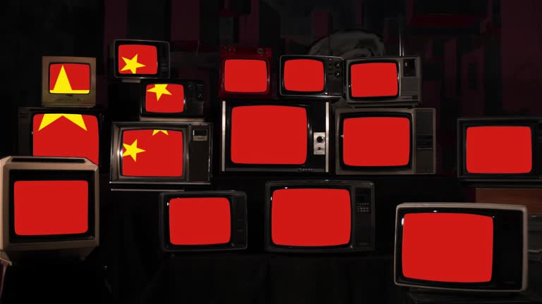 Flag of China on Vintage Televisions. 4K Resolution.