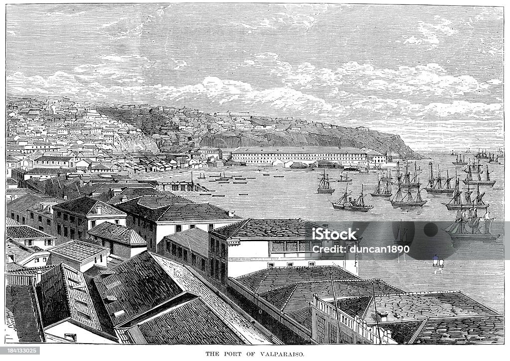 The Port of Valparaiso "Vintage engraving from 1878 showing a view of the Port of Valparaiso, Chile. ValparaA-so played an important geopolitical role in the second half of the 19th century, when the city served as a major stopover for ships traveling between the Atlantic and Pacific oceans by crossing the Straits of Magellan. Always a magnet for European immigrants, ValparaA-so mushroomed during its golden age, when the city was known by international sailors as aLittle San FranciscoaA and aThe Jewel of the Pacific.aA" Chile stock illustration