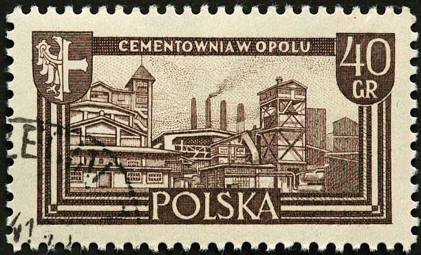 istock large cement plant on an old Polish postage stamp 184133459