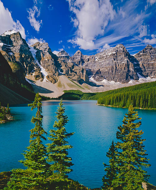 Mountain range in Banff NP part of the Canadian Rockies Valley of the Ten Peaks With Moraine Lake In Banff NP, Canada rocky mountains banff alberta mountain stock pictures, royalty-free photos & images