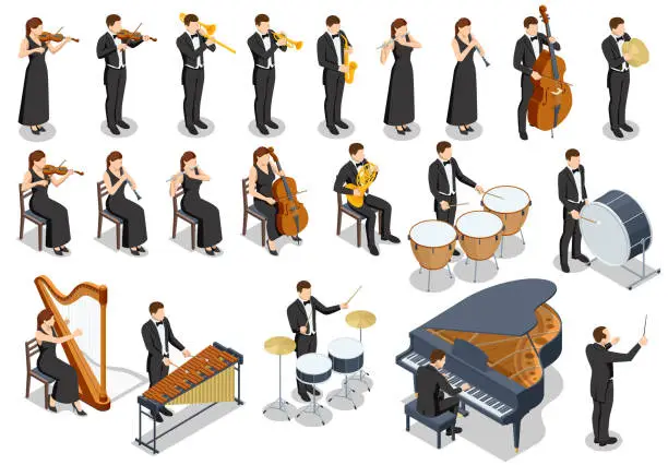 Vector illustration of Isometric Symphony Orchestra. Set of orchestra group, creative people playing on instruments scene theater opera concert. Cello, Clarinet, trombone, piano, Xylophone