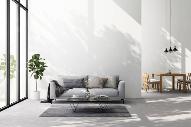 Modern loft style living and dining room with empty white wall for copy space 3d render