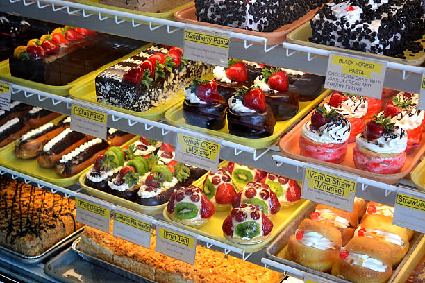 istock Bakery Case Shelf Lighting Filled with Pastries and Treats 184136569