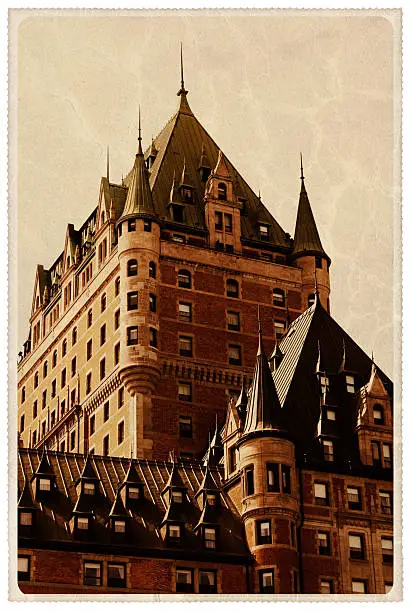"Retro-styled postcard of Le ChAteau Frontenac -- one of the world's most photographed landmark buildings, located in Quebec City, Canada. All artwork is my own.For hundreds of similar vintage postcards, click the banner below:"