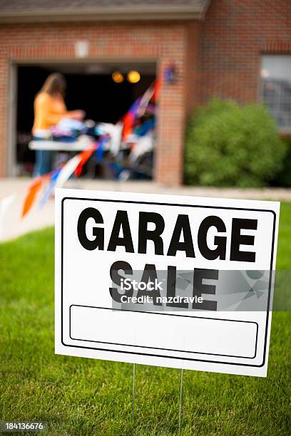 Garage Sale Sign With Girl Shopping Stock Photo - Download Image Now - Garage Sale, Yard - Grounds, Adult
