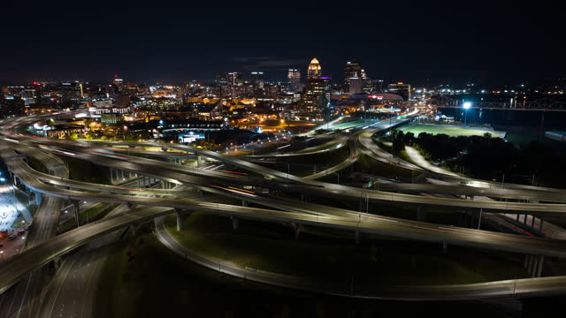 Aerial Time Lapse Shot of Downtown Louisville, Kentucky at Night