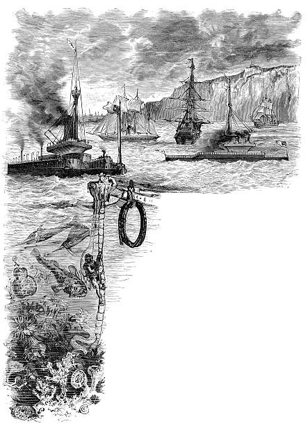Ocean scene Vintage engraving from 1878 with copyspace showing various ships and boats at sea and a deep sea diver going under the waves north downs stock illustrations
