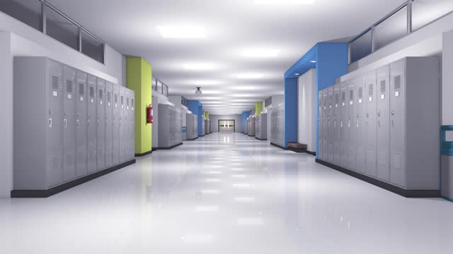 Empty school corridor. 3d rendering. Seamless loop.