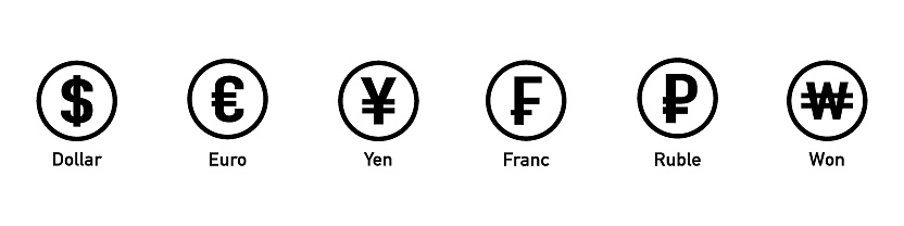 International currency symbol icons. Currency symbols. Euro, dollar, Franc, Yuan, Yen, Ruble, Won. Money kind icons. Vector Illustration. Vector graphic. EPS 10