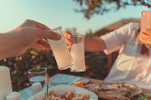 Close up view of couple having fun and toasting with Turkish Rakı at a traditional dinner