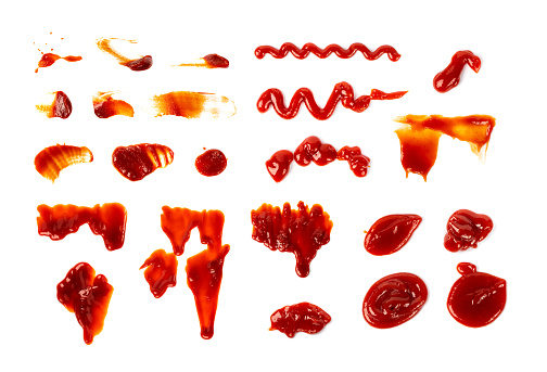 Ketchup Drops Set Isolated, Tomato Sauce Splash, Catsup Stain, Hot Puree Spill, Red Dressing Dripping, Ketchup Drops Collection