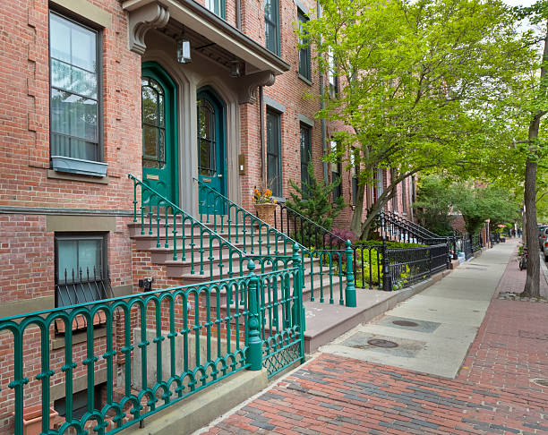 istock Boston Brownstone Homes With Green Doors and Green Iron Railings 184139464