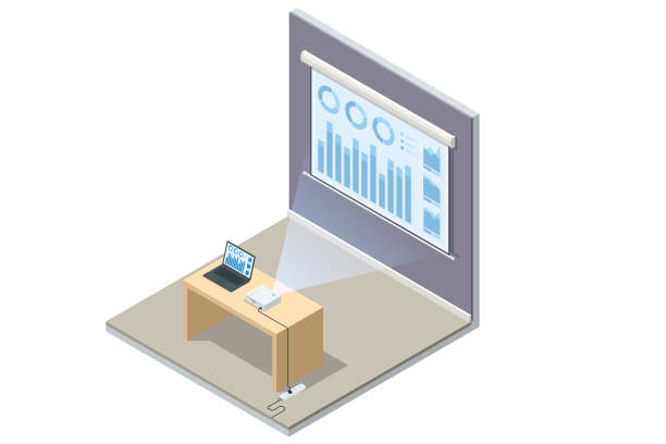 Isometric Video Projector at Business Conference. Video Projector for Work Presentation Isometric Video Projector at Business Conference. Video Projector for Work Presentation. audio visual system stock illustrations