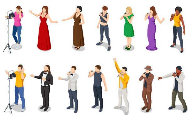 ilustrações de stock, clip art, desenhos animados e ícones de a set of isometric silhouette opera vocalists, rock stars, singer-pop, country music, and artist vocalists - popular music concert singer silhouette musical band