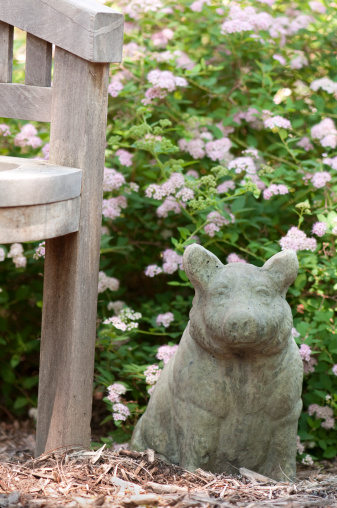 Vertical image of an old pig statue by a bench in the garden. More garden scenes: