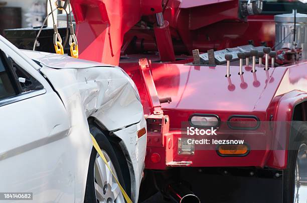Wrecked Car On A Tow Truck Stock Photo - Download Image Now - Tow Truck, Towing, Misfortune