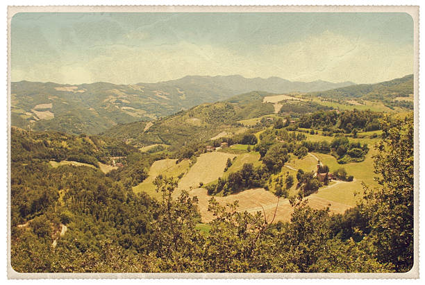 Italian Countryside - Vintage Postcard "Retro-styled postcard of a scenic Italian countryside located in Comune di Castel del Rio -- this lookout point is called Belvedere and is overlooking the Emilia Romagna region. All artwork is my own.For hundreds of similar vintage postcards, click on the banner below:" postcard photos stock pictures, royalty-free photos & images