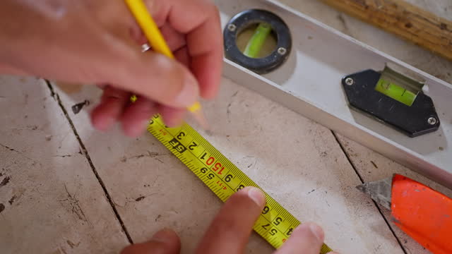 Close-up panning view of carpenter hands working with tape measure on a workbench at the garage