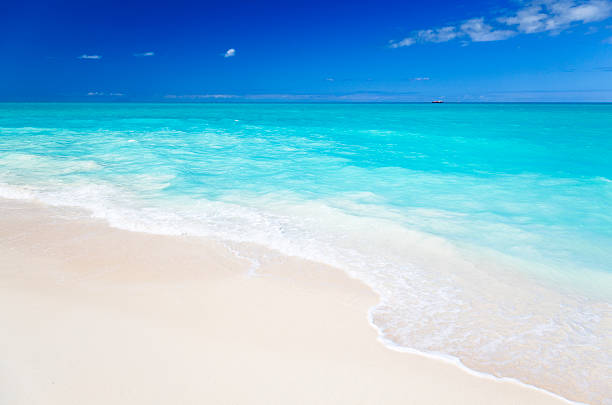 A clean white caribbean beach with deep blue sky and turquoise water.Find more images from Antigua and the Montserrat Volcano in my Lightbox: