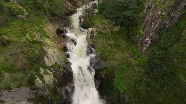 Magnificent Waterfall Of Fervenza do Toxa Near Silleda, Pontevedra, Spain. Aerial Drone Shot